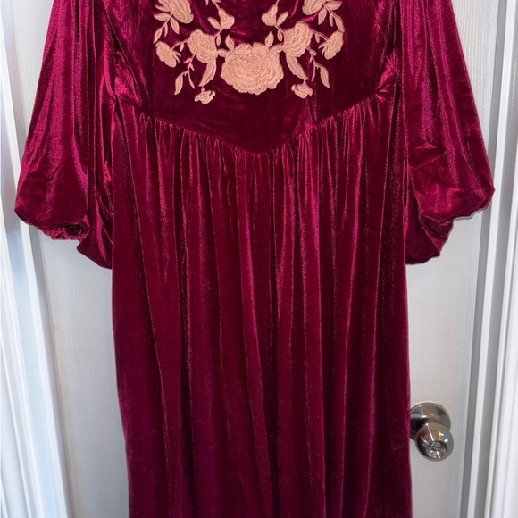 Umgee Red Velvet Embroidered Mini Dress NWT M Tassel Tie Ballon Sleeve Feminine - Picture 7 of 14
